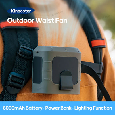 KINSCOTER Portable Outdoor Waist Fan 8000mAh LED Lighting Multifunctional Neck Fan with Power Bank for Camping Hiking Climbing