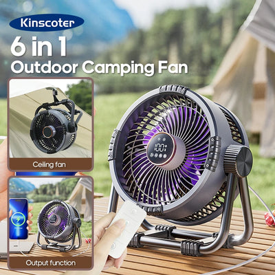 KINSCOTER Portable 6 in 1 Camping Fan 20000mAh Multifunctional Outdoor Desktop Air Circulator Wireless Ceiling  w/ Hook & Light