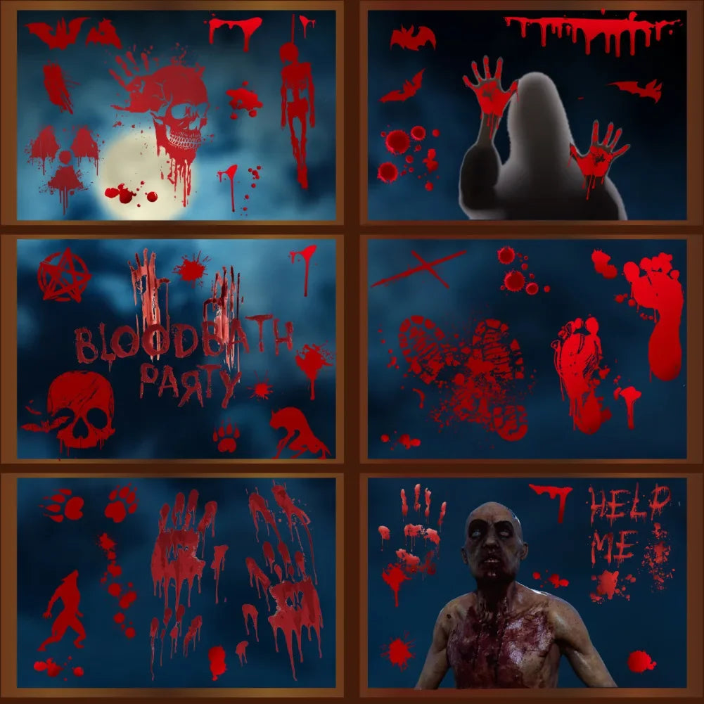 9 Sheets Halloween Decorations Window Stickers Reusable Bloody Handprint Footprint Horror Sticker Scary Realistic Tattoo Sticker