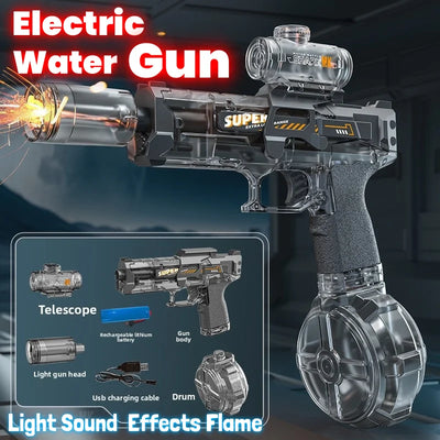 Electric Water Gun Outdoor Toys LED Light Sound Effects Flame Spray High Pressure High Speed Squirt Gun for Kids Adults Summer