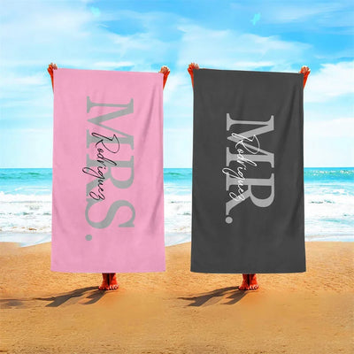 Custom Name Beach Towel Mr & Mrs Beach Towel Honeymoon Gift 2 piece of Lovers Summer Vibes Wedding Gift Personalized Beach Towel