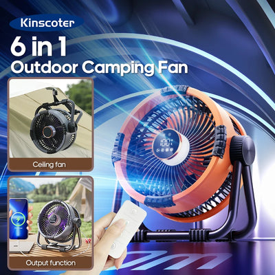 KINSCOTER 6 in 1 Camping Fan 20000mAh Rechargeable Battery Portable Outdoor Fan 4 Speed Air Circulators with Hook and LED Light