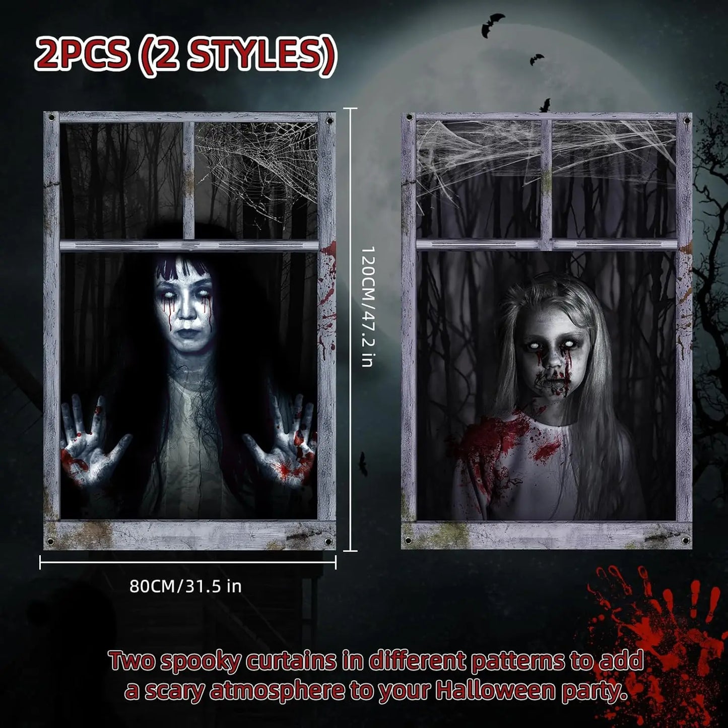 2 Pack Halloween Ghost Curtain Decorations - Female Ghost Window Cover for Indoor/Outdoor Party Decor