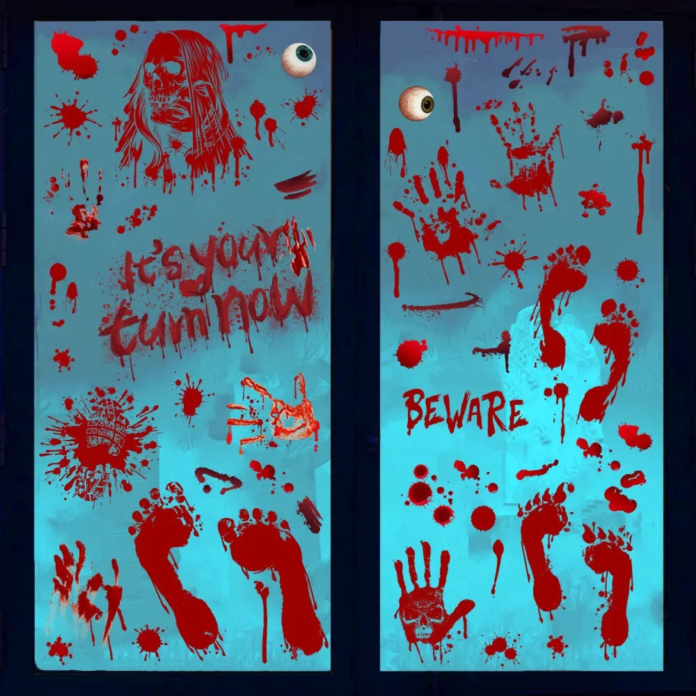 9 Sheets Halloween Decorations Window Stickers Reusable Bloody Handprint Footprint Horror Sticker Scary Realistic Tattoo Sticker