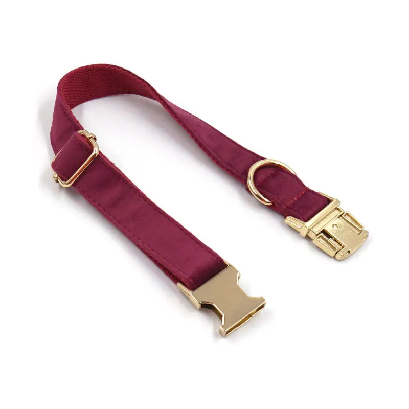 Burgundy Velvet Dog Collar Personalized Thicken Metal Buckle Pet Harness Bow Tie Collar Leash Set with Poop Bag Luxury Dog Gift