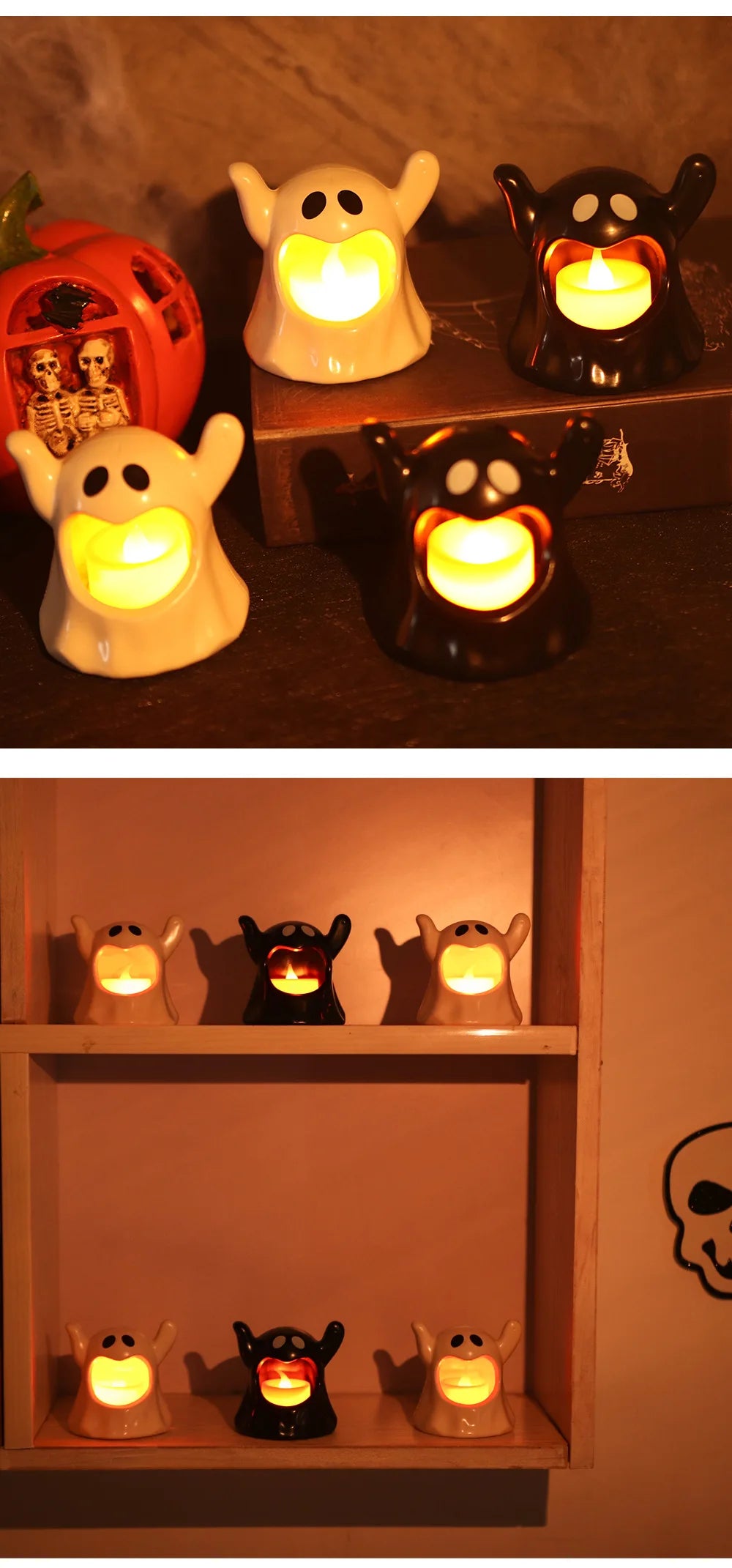 2024 New Halloween Ghost Lamp With LED Flameless Candles Decorative Halloween Party Ghosts Horror Atmosphere Props Decoration